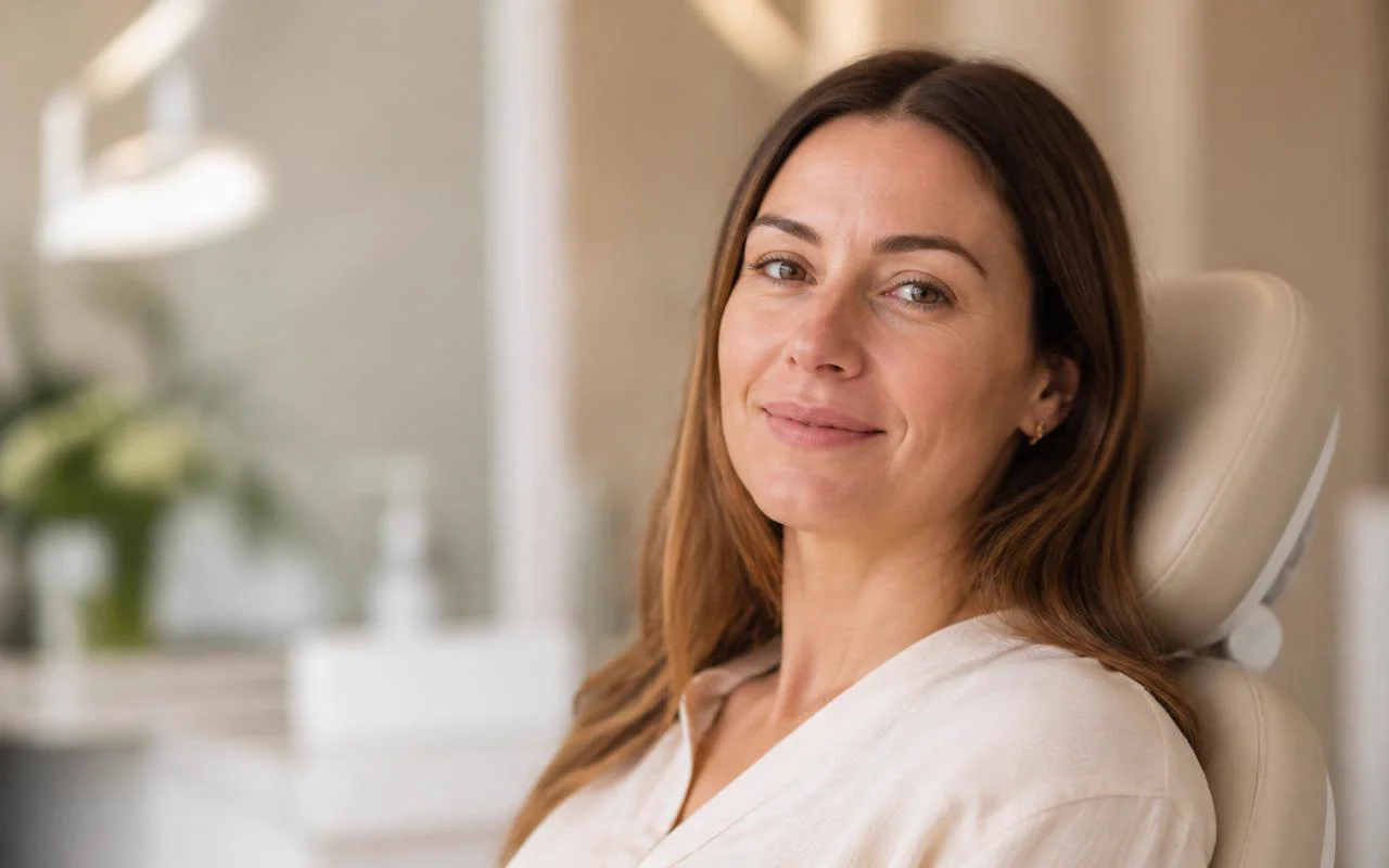 Rosto feminino com traços harmonizados e pele natural