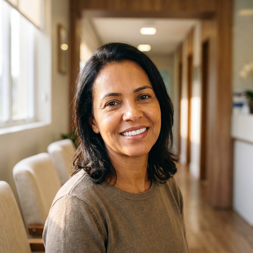 Mulher com aparência rejuvenescida e sorriso iluminado